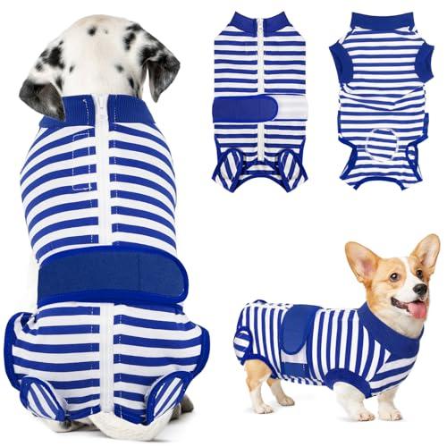 Lukovee Recovery Suit for Dogs, Zipper On Recovery Suit for Female Male Dog, Onesie Abdominal Wounds Cone E-Collar Alternative Prevent Licking Spay Recovery Suit (M, BL)