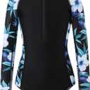 Girls Long Sleeve Rashguard Swimsuit UV Protection One-Piece Swimwear Bathing Suit (11-12 Years, Blue Floral Print)
