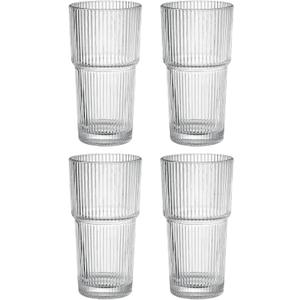 Ribbed Drinking Glasses, 20oz Glassware Set, 4 Pack, Lead-Free Handcrafted Glass Cups for Iced Coffee, Smoothies, Cocktails, and Juices, Durable and Stackable for Family Use or Parties