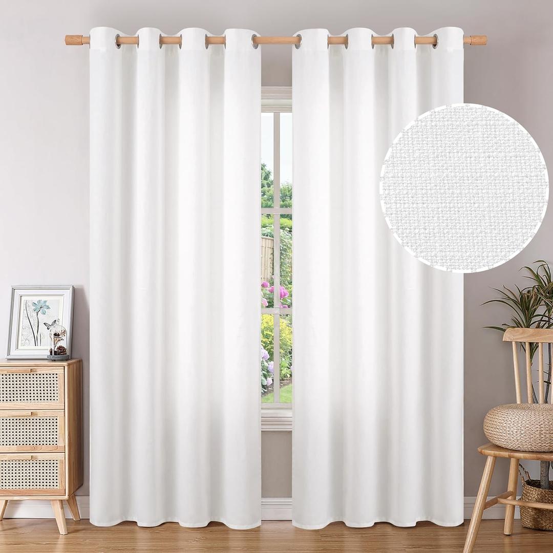 BGment White Semi Sheer Curtains 84 Inch for Living Room - Non-See Through Light Filtering Faux Linen Drapes with Burlap Texture, Modern Farmhouse Window Panels (Set of 2, 52" Wide)