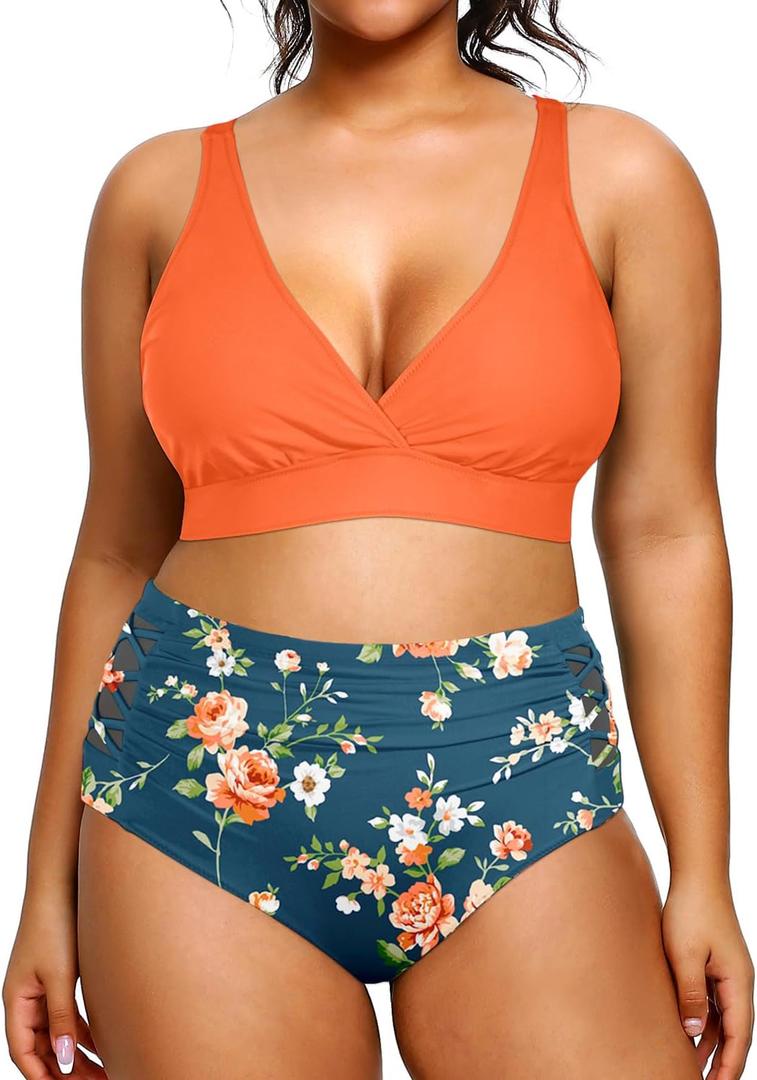 Yonique Womens Plus Size Bikini High Waisted Swimsuits Two Piece Bathing Suits Tummy Control Swimwear (Medium, Orange and Blue Print)