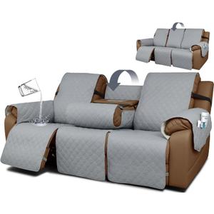 Waterproof Recliner Sofa Covers with Flipped Middle Backrest Washable Recliner Couch Covers Non-Slip with Elastic Straps Furniture Protector for Kid Dogs Pets (Light Grey)