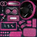 25PCS Bling Car Car Accessories Set,15 Inch Steering Wheel Cover,Shiny License Plate Frame,Center Console Cover and Rearview Mirror Set and Other Car Accessories(Rose Pink)