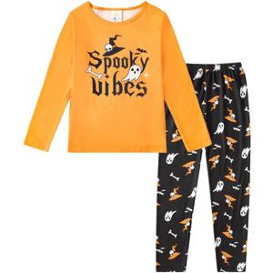 MyFav Big Girls Cute Cartoon Pajama Set Casual Comfy Loungewear Children Sleepwear (14 Years, Orange)