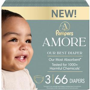 Pampers Amore, Size 3 (13-26 lbs), 66 Count, Our Best Diaper – Hypoallergenic & Fragrance Free, Up to 100% Leakproof, Soft as Cashmere