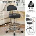 FIRAVOE Salon Stool with Back Support (Sturdy Aluminum Base) (Lash Chair with Quiet Wheels and Foot Rest) Black Leather Vanity Chair (Black)