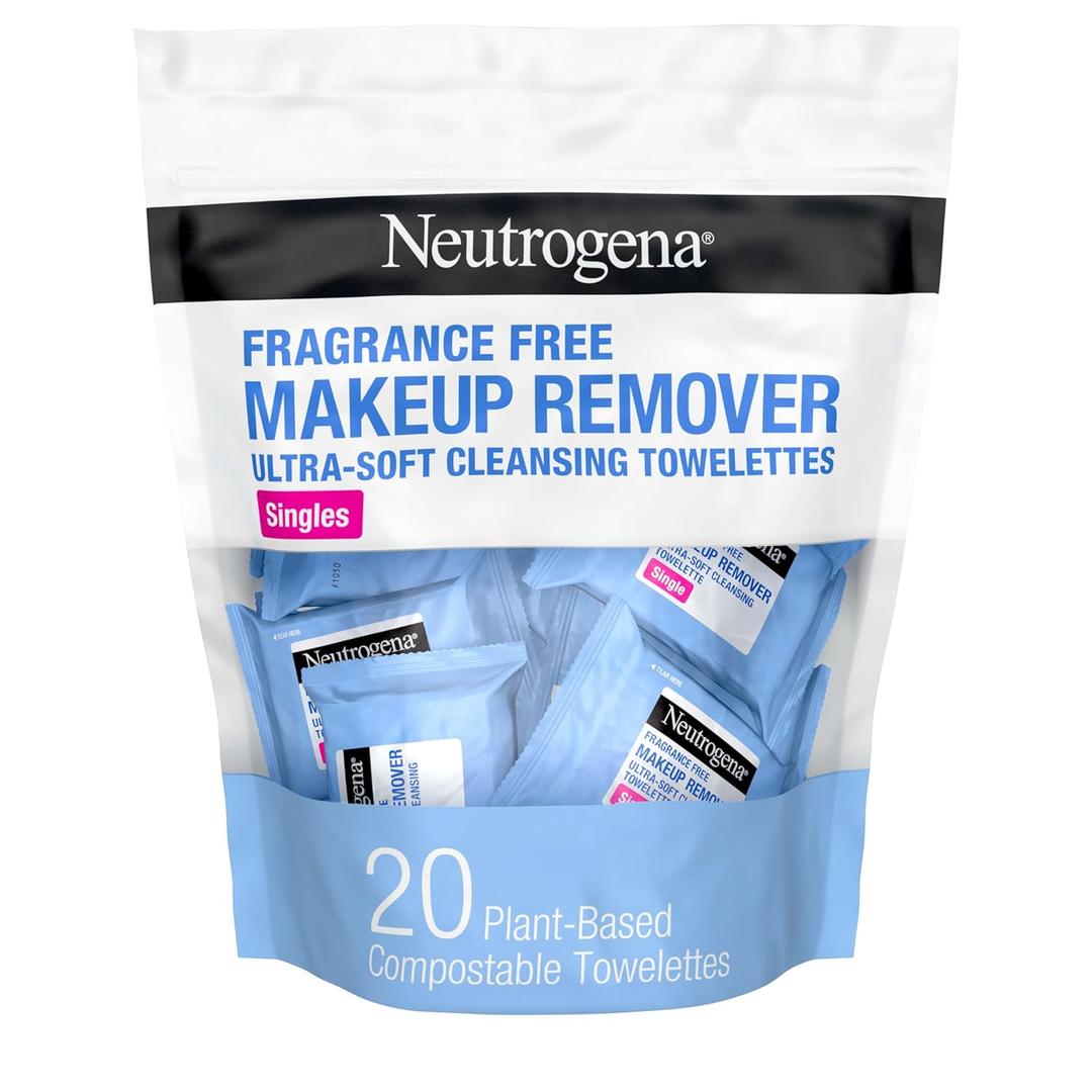 Neutrogena Fragrance-Free Makeup Remover Wipes Singles, Individually Wrapped Face Towelettes, Gently Remove Dirt, Oil, Waterproof Mascara & Makeup, Alcohol-Free Daily Face Wipes for Travel, 20 ct