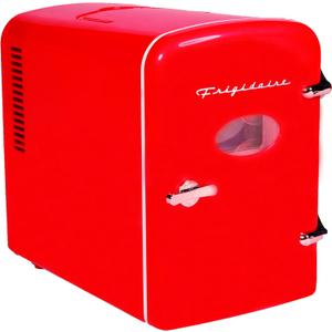 Frigidaire Red Mini Personal Fridge Cooler, 1 Gal Capacity fits Six Cans, Includes Plugs for Home Outlet & DC Charger - 9.9" D x 7.1" W x 10.6" H (RED)