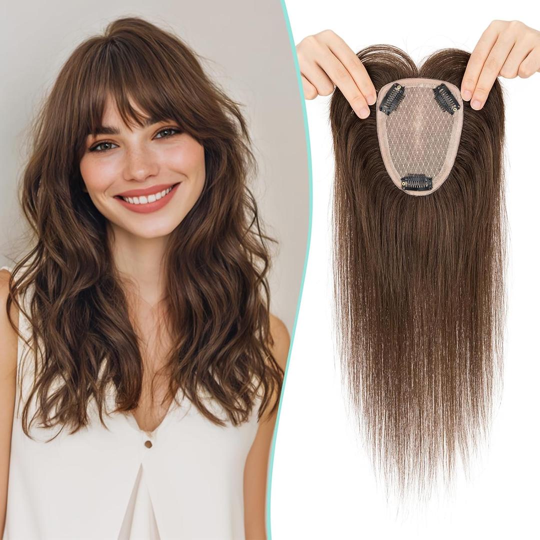 Benehair 100% Remy Human Hair Toppers for Women, 9 * 12CM Silk Base Hairpieces With Bangs 150% Density for Thinning Hair Chocolate Brown 10 Inch