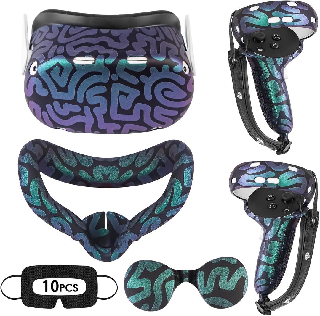 Relohas VR Accessories for Oculus Quest 2, Silicone Set for Meta Quest 2, Include Controller Grip Leather Cover, VR Shell Cover, Face Cover, Lens Cover and 10PCS Disposable Eye Cover(Magical)