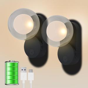 LED Battery Operated Wall Sconce, Wireless Small Magnetic Rechargeable Night Light 3 Color Lighting Dimmable Mordern LED Wall Mounted Night Light for Bedroom Babyroom Black 2pcs