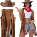 Western Outfits for Women Cowgirl Tassel Sleeveless Vest Cowboy Hat and Paisley Bandana, L