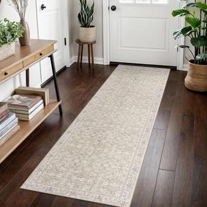SIILOOM 2x7 Washable Runner Rug for Hallways, Cream Beige Yellow White Grey Soft Classic Kitchen Rugs with Non-Slip, Non-Shedding Distressed Floral Rug for Hallway Entryway Bathroom Laundry Indoor