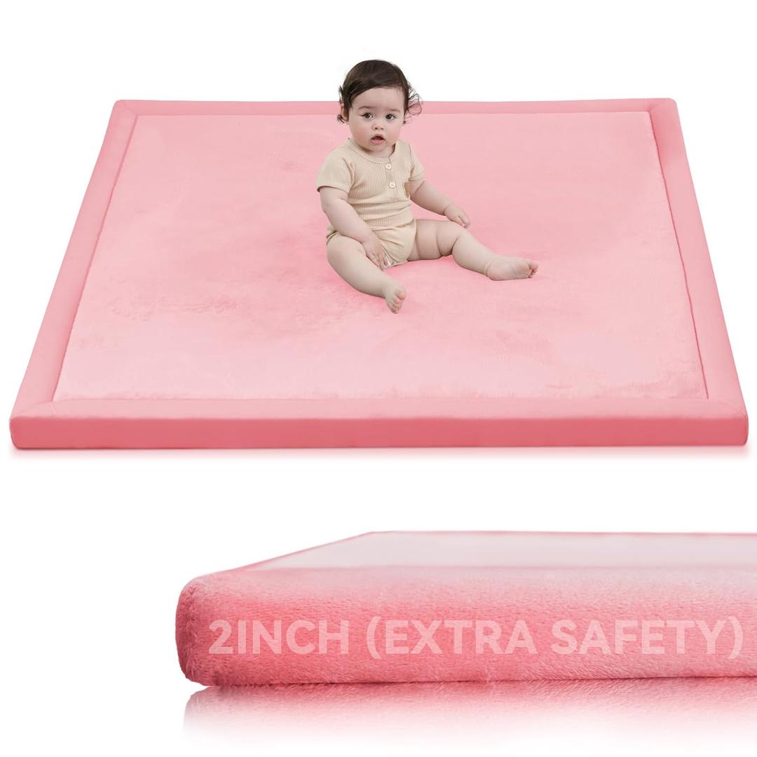 Huloo Sleep 2" Thick Extra Safety Baby Play Mat for Floor,Ultra Soft Elasti-Foam 50x50 Playpen Mat for Toddlers Infant Kids,Non-Slip Backing Safe for Crawling&Tummy Time,Tatami Style (Pink)