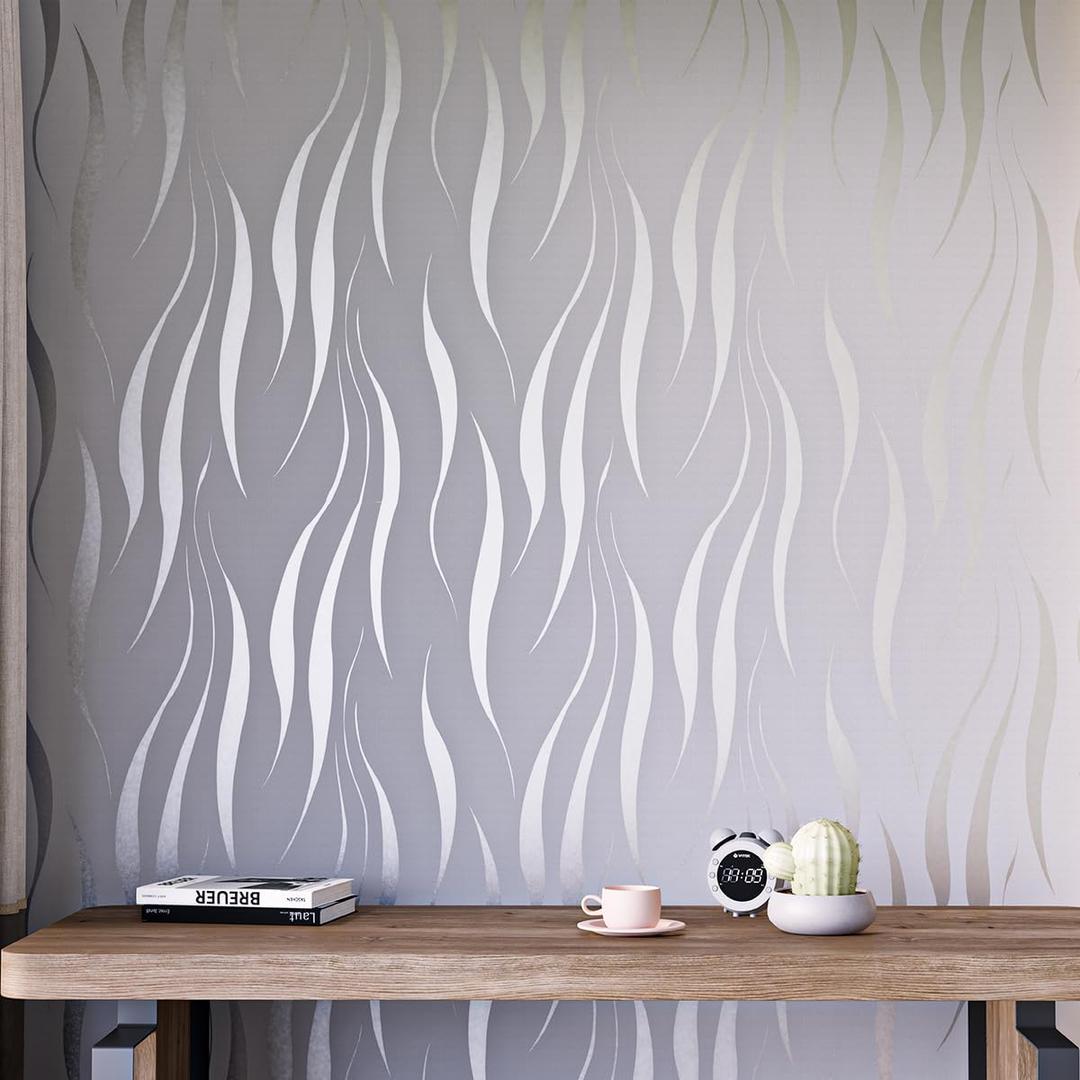 mamonhome Silver Gray Self Adhesive Removable Wallpaper Peel and Stick Wallpaper, 20.8" x 393" 3D Modern Water Waves Fashion Non-Woven Wallpaper for Livingroom, Bedroom, Kitchen, Bathroom.