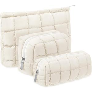 3 Pcs Puffy Makeup Bag Quilted Cosmetic Pouch for Women Cute Checkered Travel Toiletry Bag Puffer Makeup Organizer Purse Pouch Preppy Pencil Case with Zipper (White)