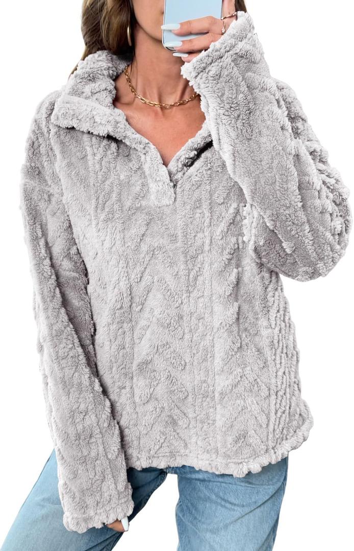 BLENCOT Womens Casual Button Down Collar Pullover Fleece Sweatshirt Long Sleeve Tops Warm Sherpa Coat Jacket Pockets (Gray, XL)