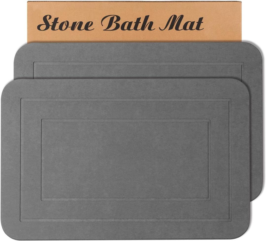 2 Pack Stone Bath Mat, Diatomaceous Earth Shower Mat, Non-Slip Super Absorbent Quick Drying Bathroom Kitchen Floor Mat (Grey, 24x15)