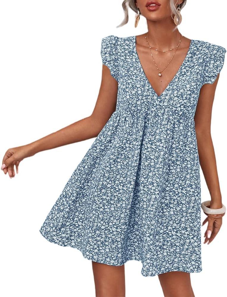 Women Boho Floral Summer Dresses Casual Backless V Neck Mini Dress Ruffle Beach Sundress (Medium, Blue)
