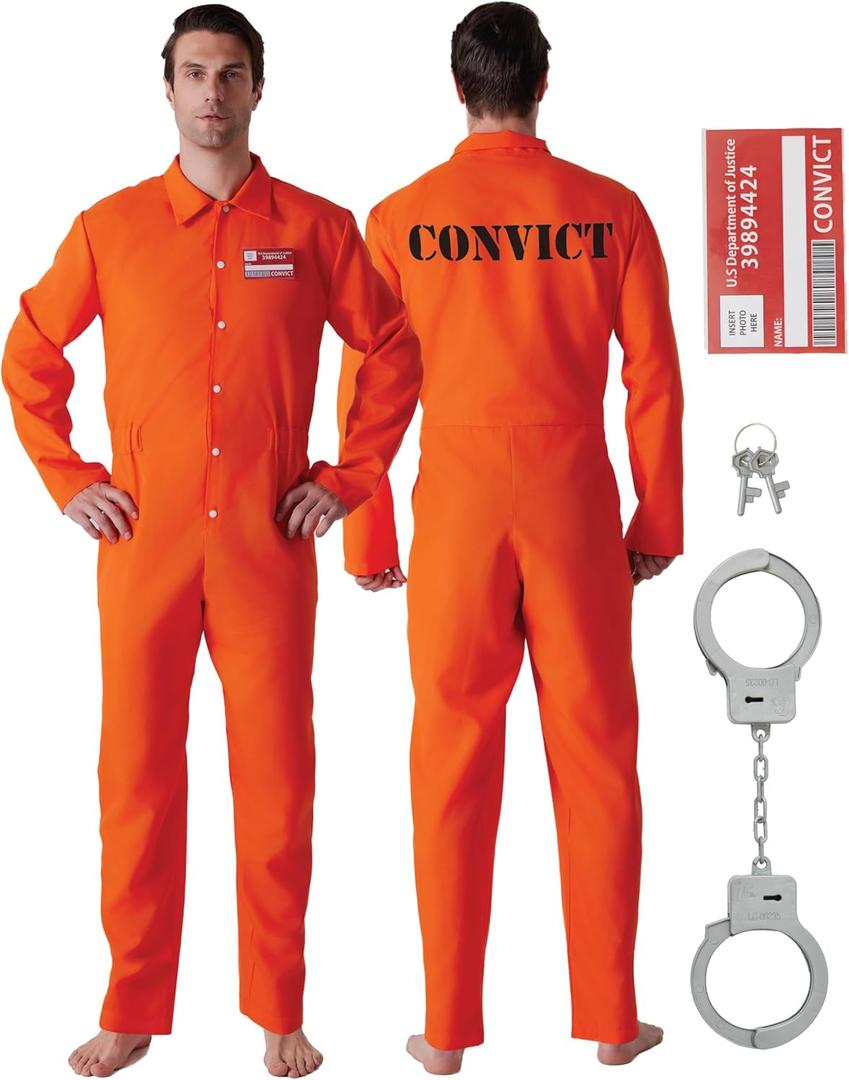 Maxim Party Supplies Prison Jumpsuit Costume Inmate Outfit, 3 Piece Convict Jail Uniform, Criminal Orange Prisoner Suit (Medium)