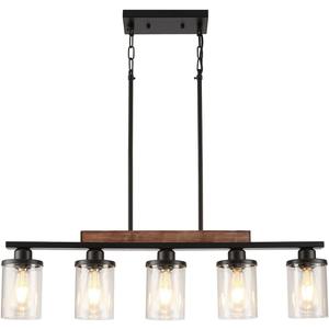Dining Room Light Fixture,5-Light Kitchen Island Lighting Farmhouse Chandelier,Matte Black Metal Wood Industrial Pendant Lighting,Modern Dining Table Lights