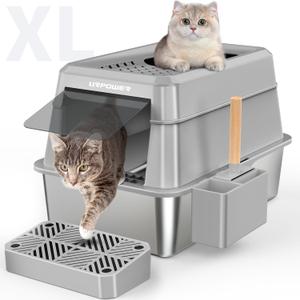 URPOWER Stainless Steel Cat Litter Box with Lid Extra Large Enclosed Litter Box for Cats Non-Sticky Metal Pan with High Sided Enclosure & Scoop, Front & Top Entry, Anti-Leakage, Easy Cleaning (Gray)