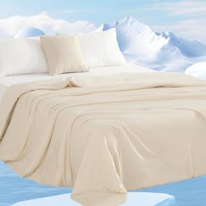 VKLIVING Cooling Comforter King Size, Summer Cooling Blanket for Hot Sleepers, Light Comforter, Q-Max>0.55, Silky Double Sided Breathable Ice Blanket, Outlast Filling, Beige, 90x108