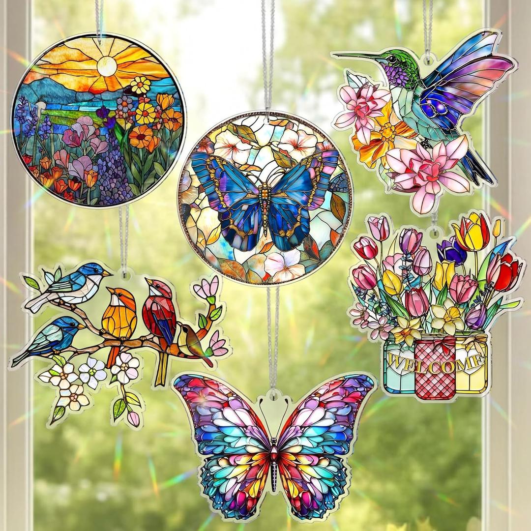 Patelai 6 Pcs Acrylic Butterfly Suncatcher Ornament Faux Stained Glass Butterfly Gifts for Women Colorful Hummingbird Cardinal Suncatcher Window Hanging Decor for Home Spring Summer Nature Lover