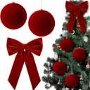 Syhood 3 Pcs Large Burgundy Velvet Christmas Ornaments Include 7.87 Inches Flocked Big Christmas Balls and 30x15 Inches Giant Burgundy Velvet Bow Xmas Tree Topper for Xmas Tree Festive Party Decor
