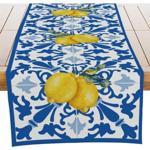 Italy Blue Tiles Runner Decorative, Italian Lemons Summer Table Runner Decorations for Dining Room Kitchen Dresser Decor for Party Holiday, Housewarming Gifts for Women Couple New Home, 13X72 Inches