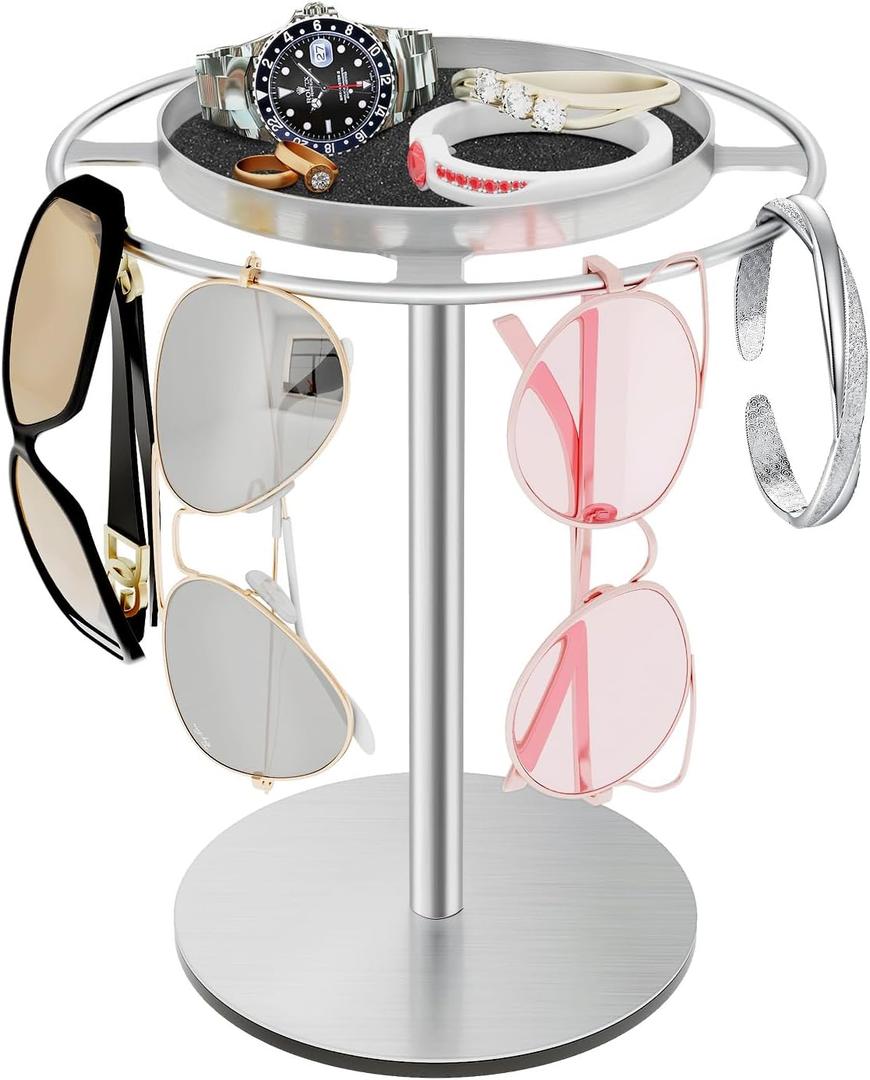 LSK Metal Sunglasses Organizer, Glasses Holder Stand with Storage Tray, Eyeglasses Holder with Anti-Slip Pads for Tabletop, Desk, Dresser, Brushed Nickel