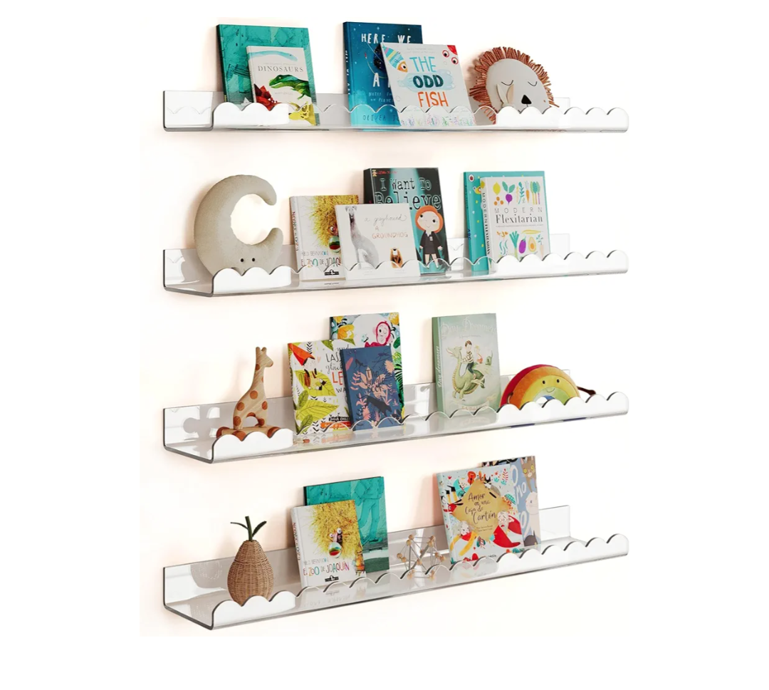 G&W Gruwald 4 Pack Clear 23 Inches Acrylic Book Shelf for Kids Room, Floating Kids Book Shelves for Wall, Nursery Book Shelves, Magazine Rack, Picture Ledge (Clear, 23)