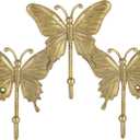SOFFEE DESIGN Butterfly Gold Metal Wall Rack, Tiered Entryway Organizer with 3 Hooks, Fluttering Wing Design for Keys