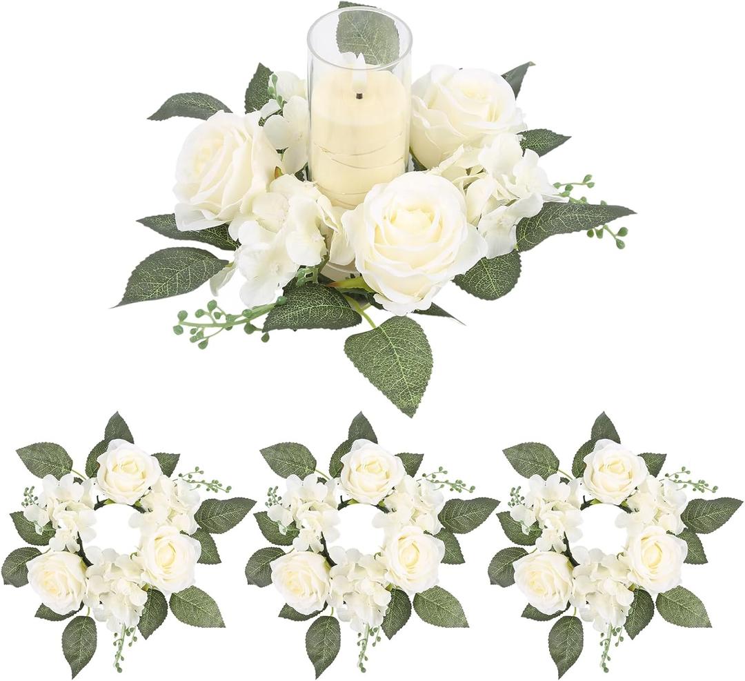 4PCS Candle Rings, Floral Candle Wreath Rings, Silk Roses Hydrangea Flowers Candle Wreaths Rings for Table Centerpieces Wedding Valentine's Day Party Decor (Cream White)