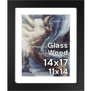 Frame Amo 14x17 Black Solid Wood Poster Frame, White Mat for 11x14 Image, Tempered Glass Front, 1.5 inch Wide, 1 inch Thick, High-End, Heavy-Duty, Gallery Grade & Acid-Free