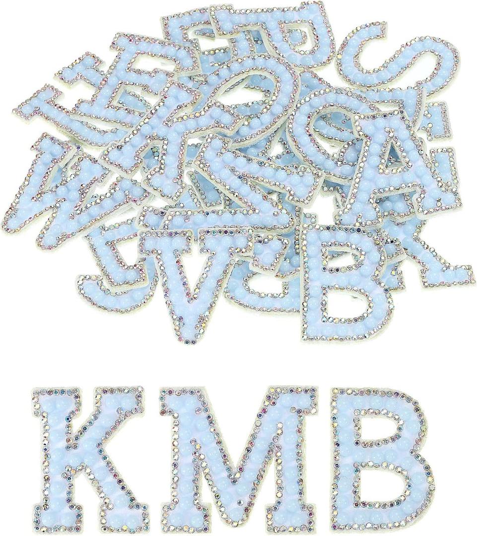 MECCANIXITY Iron on Patch Decorative A-Z Light Blue Pearls Rhinestone Glitter Alphabet Applique for DIY Clothes Repair Hats Bags Pack of 26