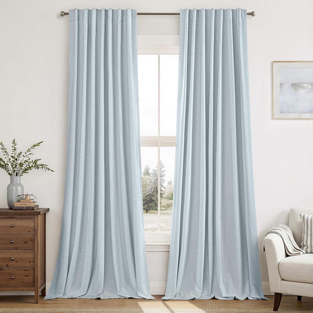 MIULEE Linen 100% Blackout Curtains 90 Inch Long 2 Panels, Back Tab Pleated Hook Belt Rod Pocket Clip Rings Thermal Insulated Drapes for Bedroom Living Room Light Blue Modern Black Out Window Curtains