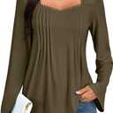 Umenlele Women's Pleated Front Sweetheart Neck Long Sleeve Casual Loose Tunic Tops Blouse Pink Large (L)