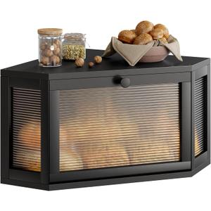 WOWLIVE Corner Bread Box for Kitchen Countertop, Bamboo Bread Storage Container, Large Farmhouse Bread Holder with Acrylic Wavy Door Panel, Multi-functional Container, Black