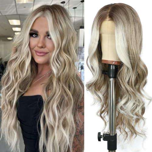 SAPPHIREWIGS Long Brown Wavy Wig for Women 13×4 Synthetic Lace Front Wigs Body Wavy Hair Grayish Brown with Blonde Tips Natural Looking Heat Resistant Fiber for Daily Party Use 26inch