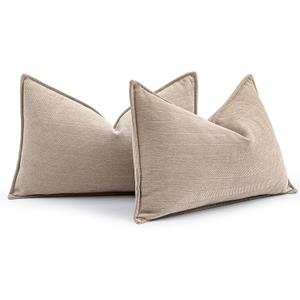 MIULEE Pack of 2 Beige Decorative Lumbar Pillow Covers 12x20 Inch Soft Chenille Luxurious Couch Throw Pillows Farmhouse Cushion Covers with Elegant Design for Sofa Bedroom Living Room Spring Decor