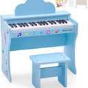37 Keys Kids Keyboard Piano, Kids Piano Wood Toy with Stool, DIY Stickers, Song Book, Cover, Education Musical Instruments for Girls and Boys Ages 3+ (Blue)