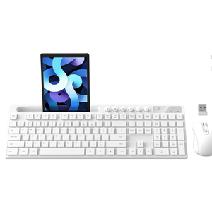 Wireless Keyboard and Mouse Combo, MARVO 2.4G Ergonomic Wireless Computer Keyboard with Phone Tablet Holder, Silent Mouse with 6 Button, Compatible with MacBook, Windows (White)