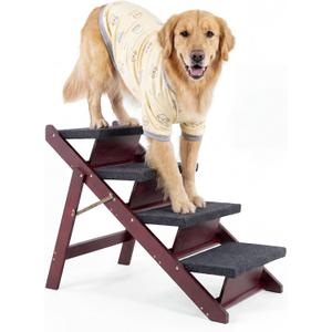 MEWANG Wooden Pet Stairs/Pet Steps - 3-in-1 Foldable Stairs & Ramp for Tall Beds and Cars - Portable Dog/Cat Ladder Up to 220 Pounds - for Small and Older Animals(Brown) (31.5" L x 17.2" W x 25.0" H)