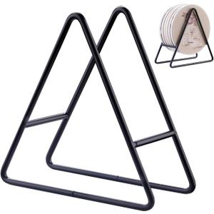 2PC Triangle Coaster Holder Black Iron Metal Holder Storage Caddy for Both Round and Square Coasters Fit 4 to 9 Pieces Coasters,4.3 Inch