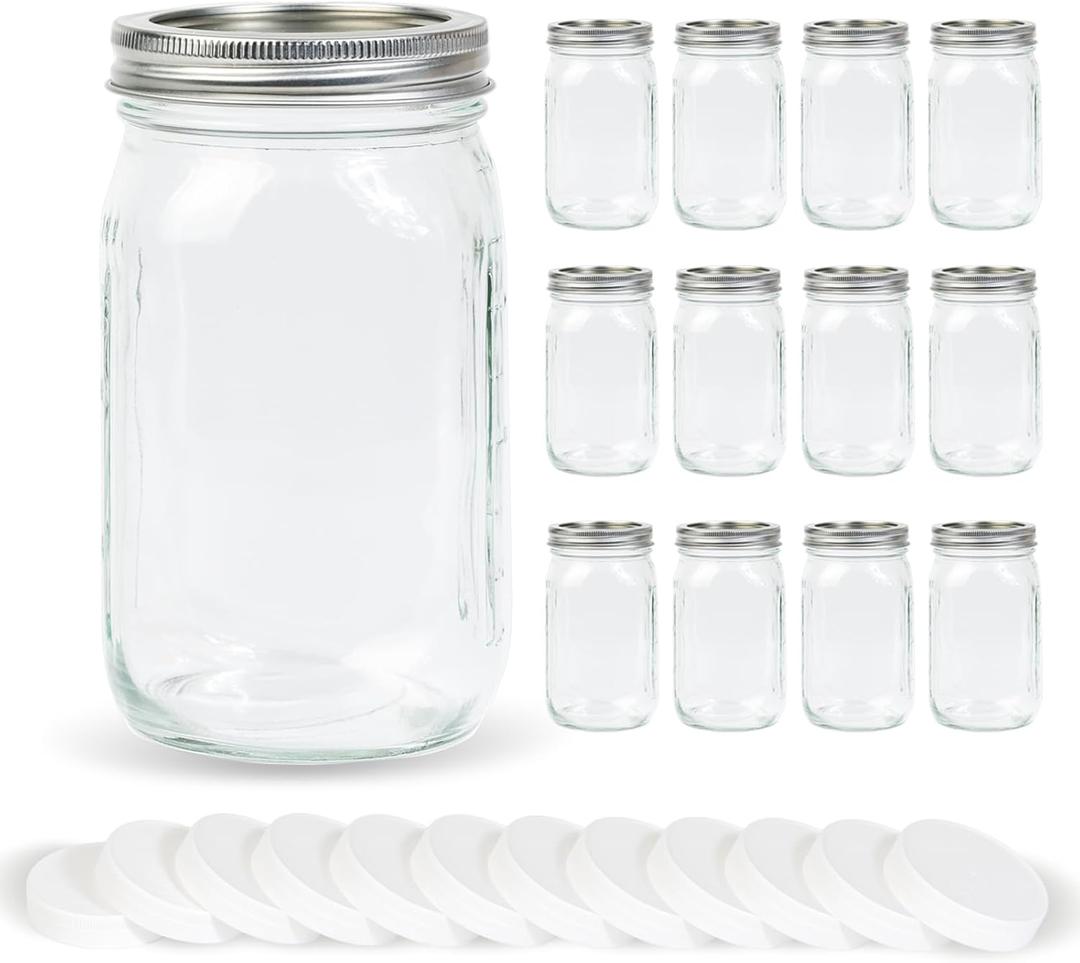 12 Pack 32 oz Clear Wide Mouth Mason Jars with Airtight Lids and White Plastic Mason Jar Lids, Canning Jars, Glass Jars for Canning, Food Storage, Overnight Oats, Fermenting, Pickling