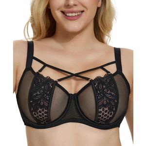 Onlyday Minimizer Bra for Women Sheer Mesh Unlined Underwire Bra Full Coverage See Through Lace Bra for Large Breast(34D, Black Floral)