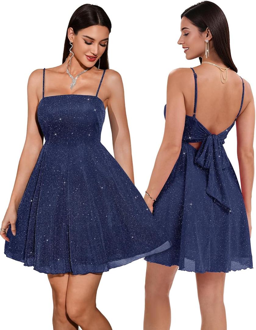 DRESSTELLS Short Graduation Dress for Teens 2026, Bow Tie Backless & Spaghetti Strap, Sparkly Prom Party Dresses,medium