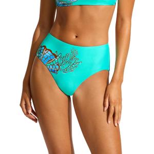 Seafolly Women's Standard High Waisted Full Coverage Low Legline Bikini Bottom (12, La Mer Aquatic Blue)