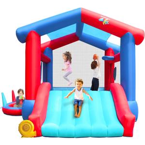Inflatable Bounce House, Bouncy Castle with Blower for 4 Kids, 143 x 142 x 99 inch, 7 in 1 Jumping Bouncing House with Slide, Ball Pit, Basketball